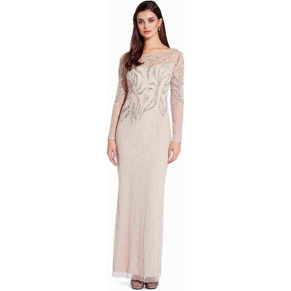 NEW Adrianna Papell Beaded Floral Long Gown Dress Biscotti Beige Women's Size 8